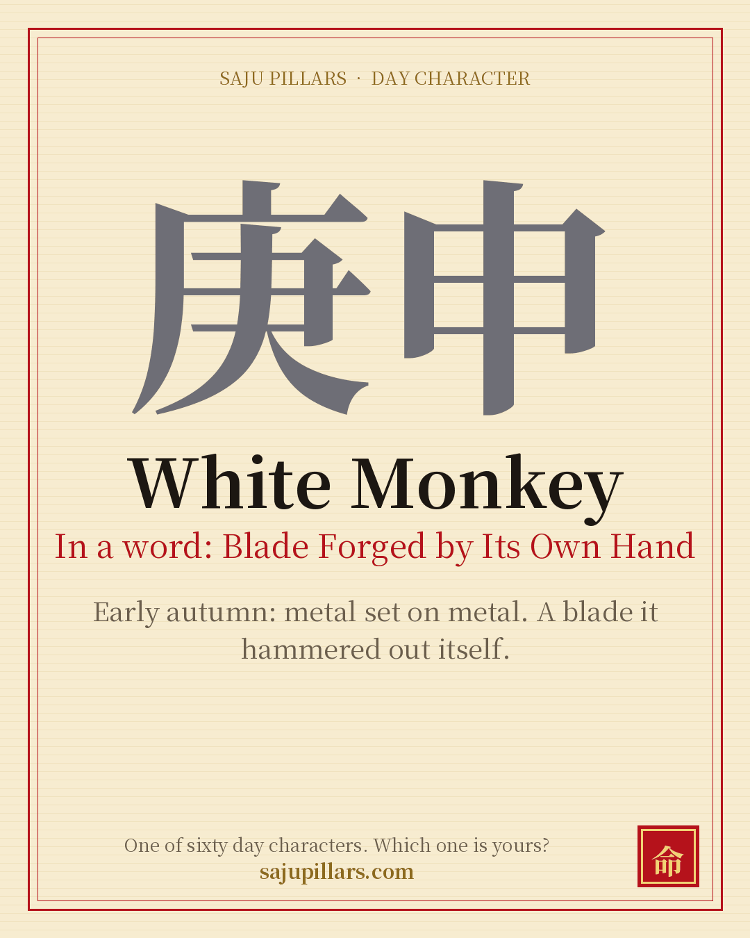 White Monkey 庚申 — Korean day character card